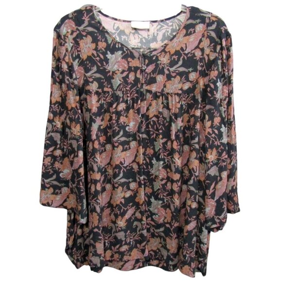 Wrap London Blue Orange Pink Floral Top Womens Sz US 8 Popover Button 3/4 Sleeve - Picture 1 of 9